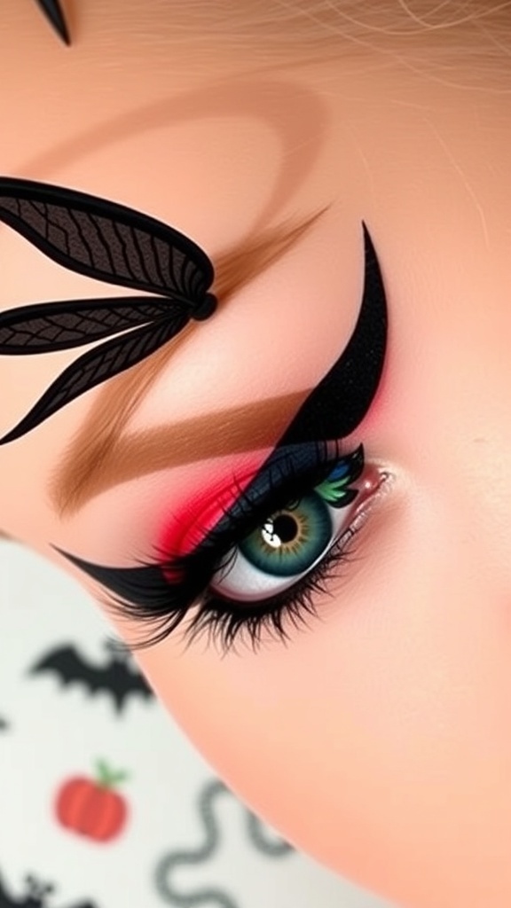 Sally-inspired eyeliner look with colorful patchwork designs on a model